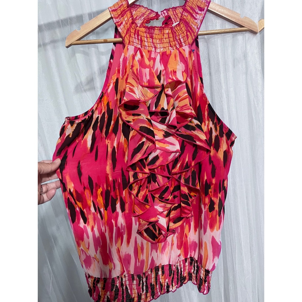 Cato Womens Pink Orange‎ Abstract Ikat Ruffle Halter Blouse Smocked Top Medium